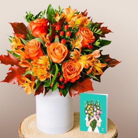 Warm Breeze : Bouquet de fleurs, vase et carte Warm Breeze : Bouquet de fleurs, vase et carte